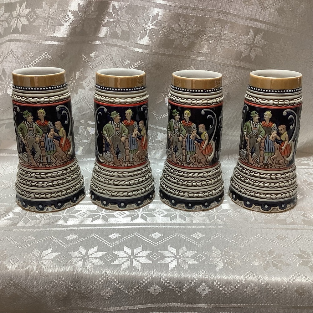 Vintage Ceramarte Brazil Hand Painted Beer Stein Mugs Set of 4 Caçador Hunter